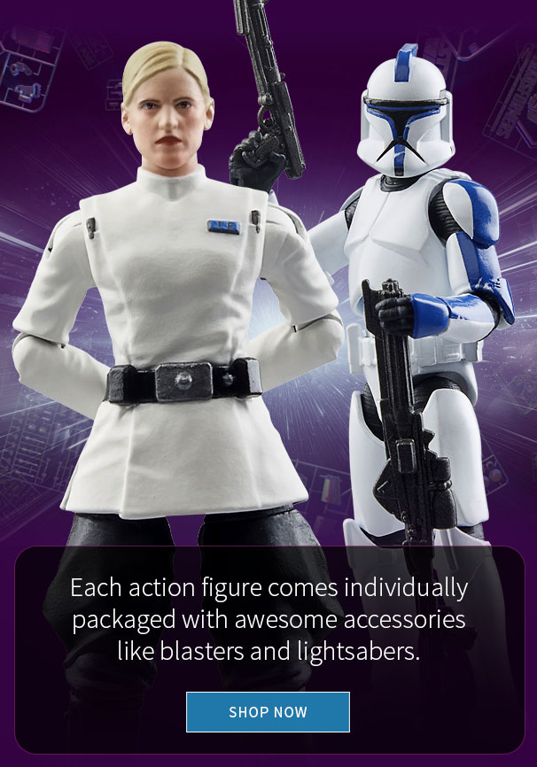 Each action figure comes individually packaged with awesome accessories like blasters, lightsabers, and removable helmets. 